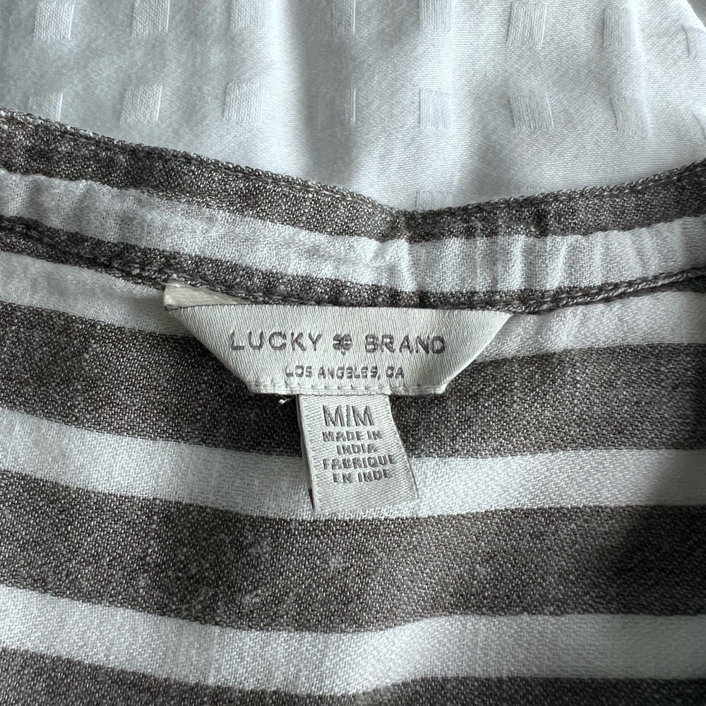 Lucky Brand EUC White Gray Vertical Stripes Blouse Long Sleeve Roll Tab Size M - Picture 2 of 16